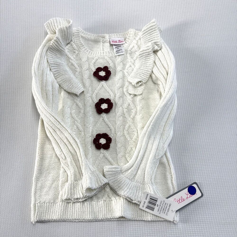 Little Lass Toddler LS Cable Knit Pullover Sweater/Dress Burgundy Accents - 4T